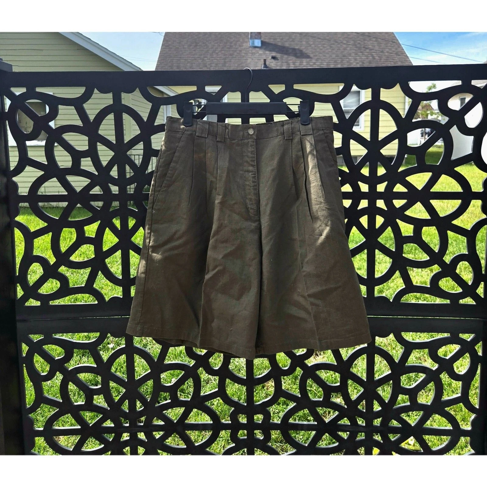 Womens Vintage 1980s Milano Linen Blend Green Lightweight Pocket Chino Shorts 12