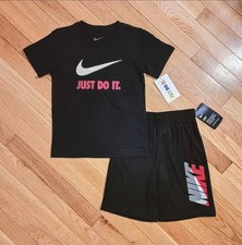 NEW Nike Little Boy Cotton Tee Dri-fit Short Set, Black sz 7