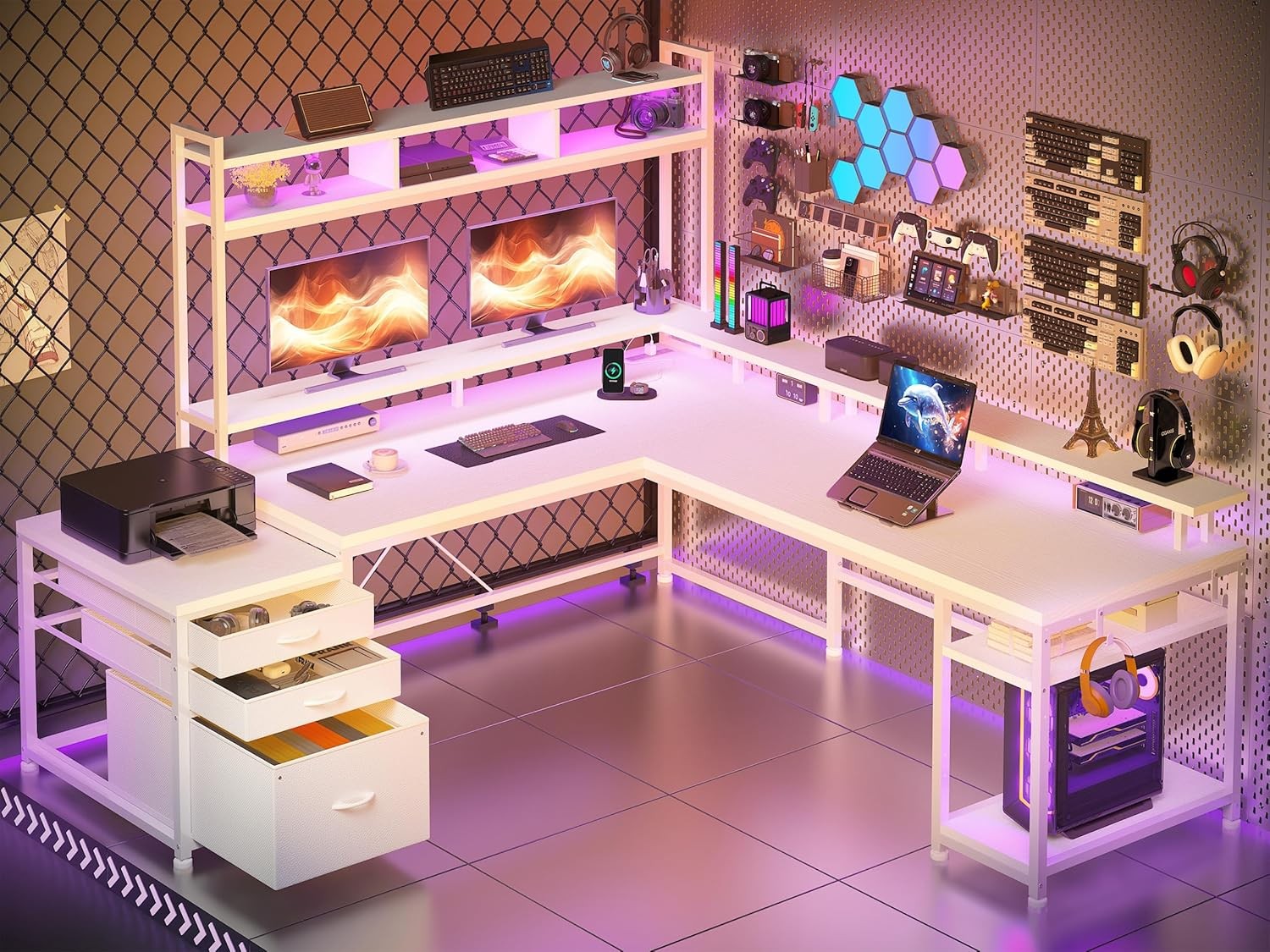 EnHomee 64 x 60 Inches L Shaped Desk with Hutch and Drawers, Gaming Desk with L