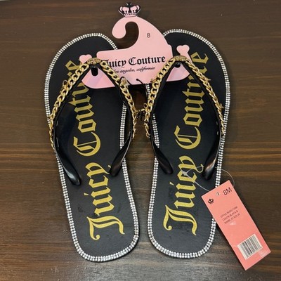 Juicy Couture JC-Solja Flip Flop Sandal Gold Chain Charm Rhinestone Black 8 New