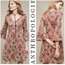 Anthropologie Maeve XS  Irina Pink Swing Dress Bell Sleeve Plaid Fit Flare Boho