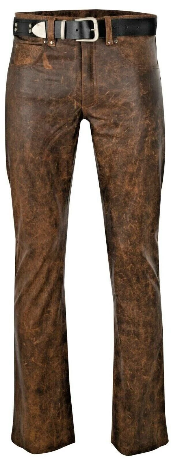 Men's Genuine Vintage Distressed Leather Laced up Biker pants Brown