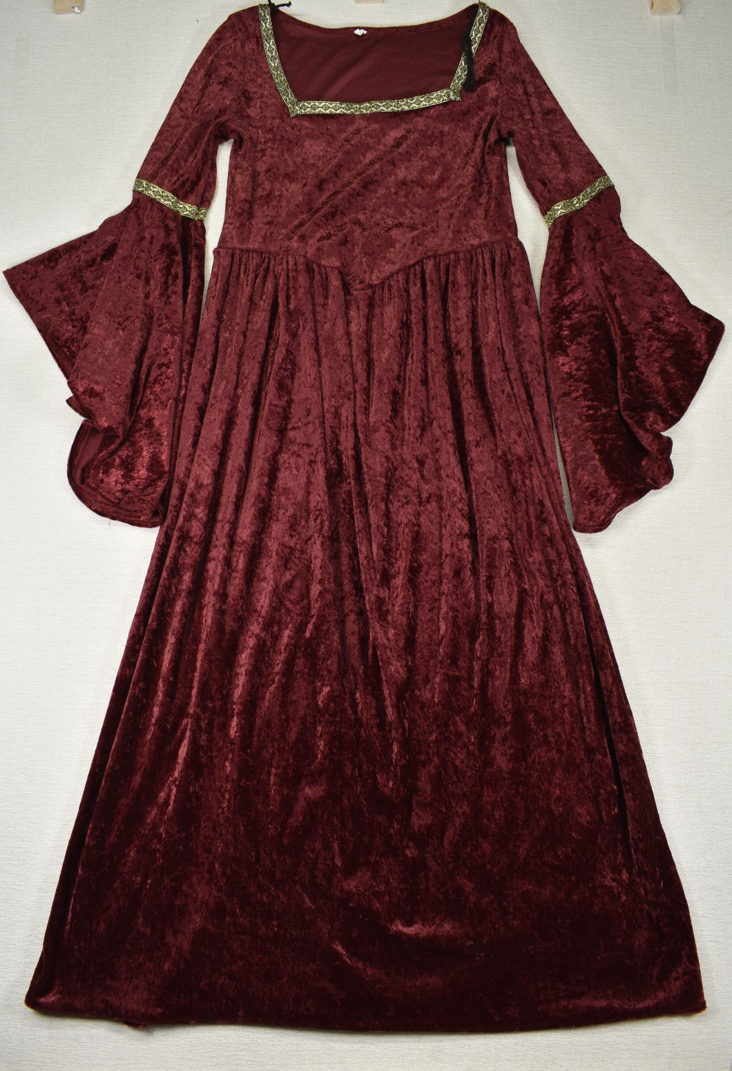 Subterranea Gothic Renaissance Maxi Dress Maroon Crushed Velvet Bell Sleeve S/M