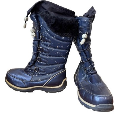 Lands' End Womens Winter Boots Star Pattern Size 5M Navy Blue Rubber Sole