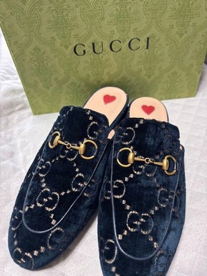 GUCCI Velvet Horsebit Mules Size 24cm Navy Used Condition