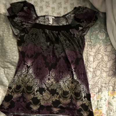 Claudia Richard Women's L Black/Purple Floral Scoop Neck Cap Sleeve Blouse