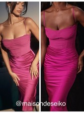 NEW House of CB Fuchsia Pink Satin Chiffon Corset Teia Midi Dress sz S Plus Cup
