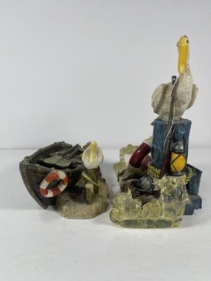 Vintage Nautical Pelican Figurine Set - Resin Rowboat & Pier Scene Coastal Decor