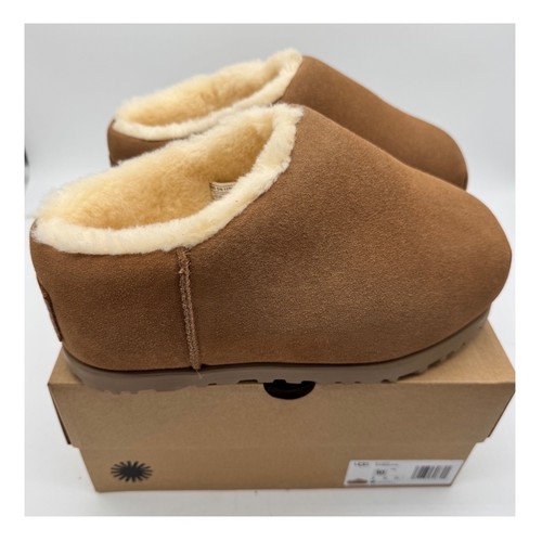 UGG Pumped Slippers Suede Ochre Brown Round Toe Logo Patch Women's Size 10 New - Picture 2 of 12