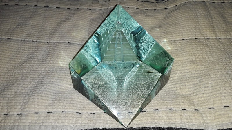 Volcanic Glass Paperweight With Pyramid Mayan Aztec Calendar Etched Glass