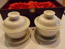Antique Japan Covered Rice BOWL CRYSTALLINE Tea Service 2 Bowls PRESENTATION SET