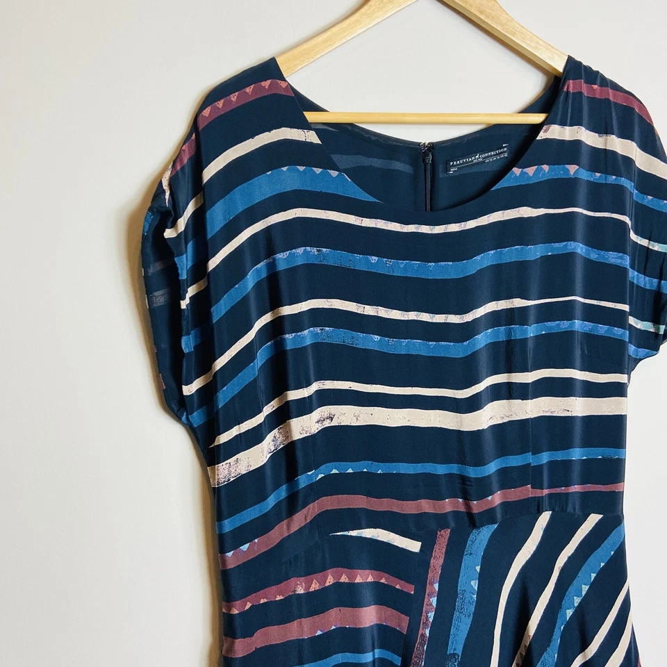 Vestido feminino peruvian connection 100% seda tamanho 12 EUA comprimento do joelho listras babado - Imagem 4 de 4