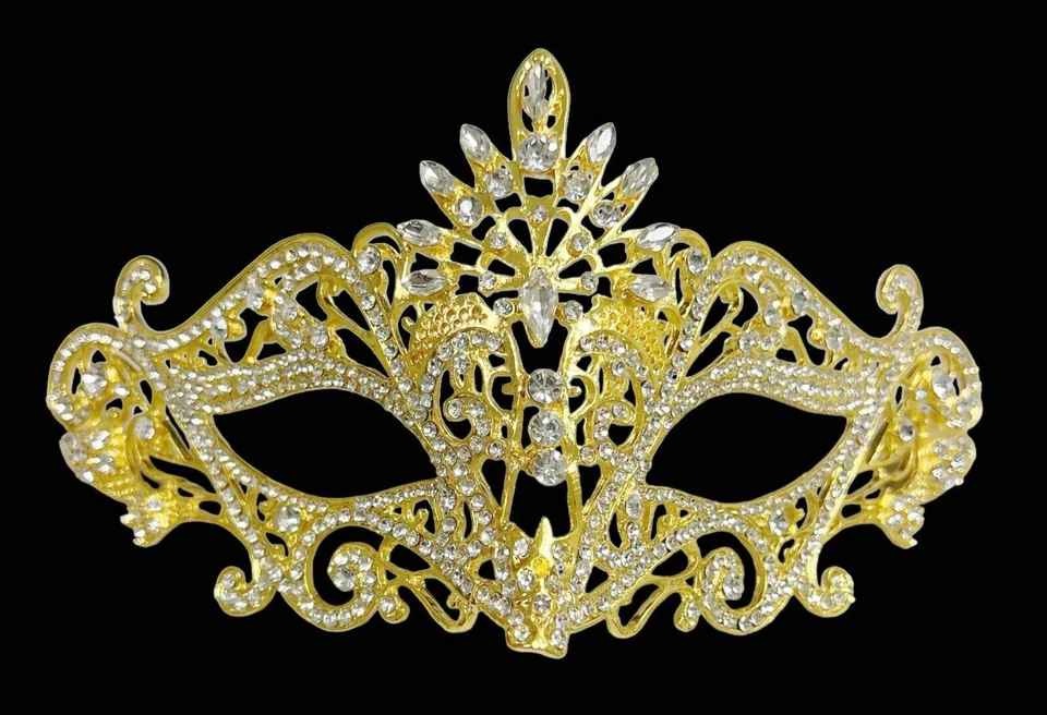 14K Gold Masquerade Mask, Wedding Party Mask, Crystal Eye Mask, Venetian Mask - Image 3 of 4