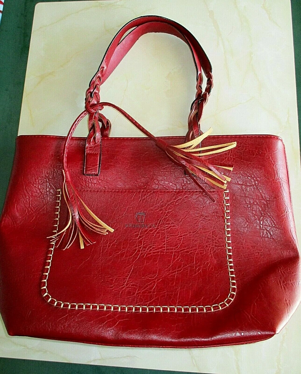 Weimeibaige Red Faux Leather Book Laptop Bag w Braided Handles