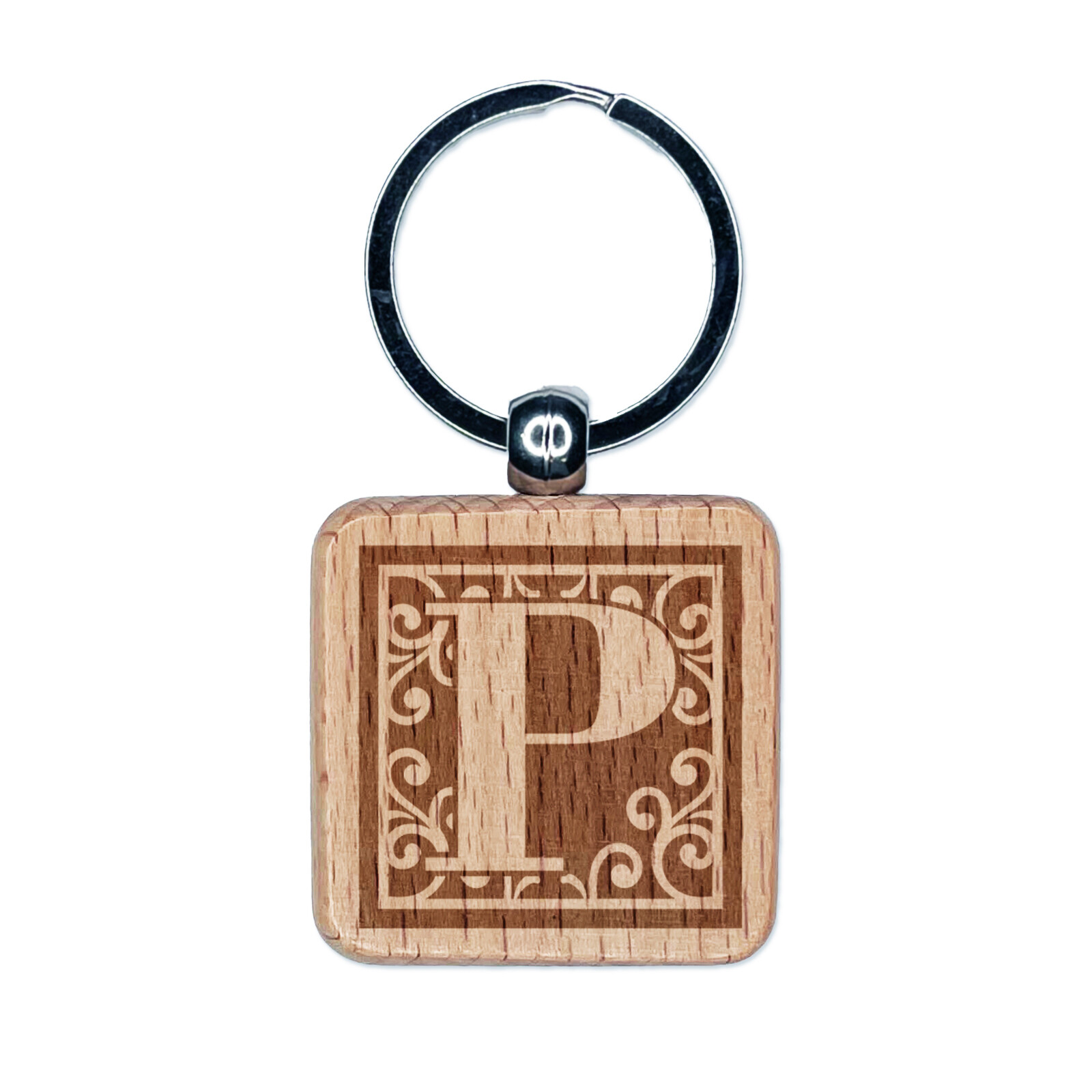 Monogram Swirls Letter P Engraved Wooden Square Keychain Charm Tag  