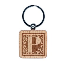 Monogram Swirls Capital Letter P Engraved Wood Square Keychain Tag Charm