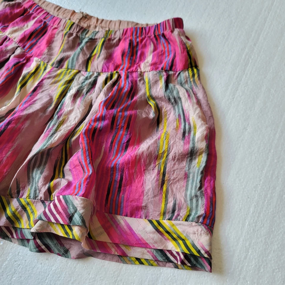 Pantalones Cortos Rosa Verde Rayas 100% Seda Talla M Tiro Alto Ligeros Cremallera Trasera Foto 4 de 4