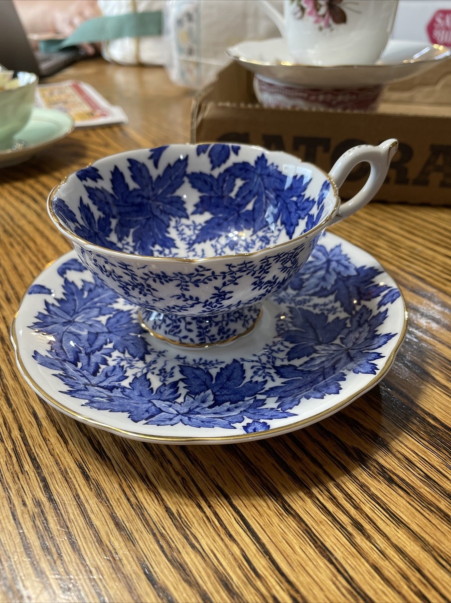 4891/a by COALPORT Bone China Blue Leaves Footed Tea Cup & Saucer