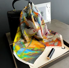 100% Silk Mulberry 26" square Scarf Women neckerchief Wrap floral changf22