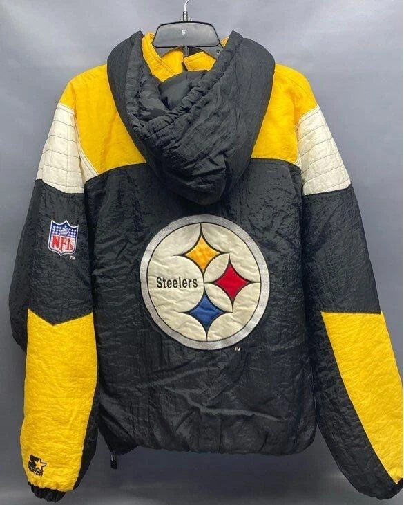 VTG 90s NFL PITTSBURGH STEELERS STARTER PUFFER JACKET PULLOVER SIZE L BLACK - Image 2 of 4