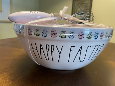 Rae Dunn ''Happy Easter'' bowl and ''HOP'' whisk ceramic pink & ivory new
