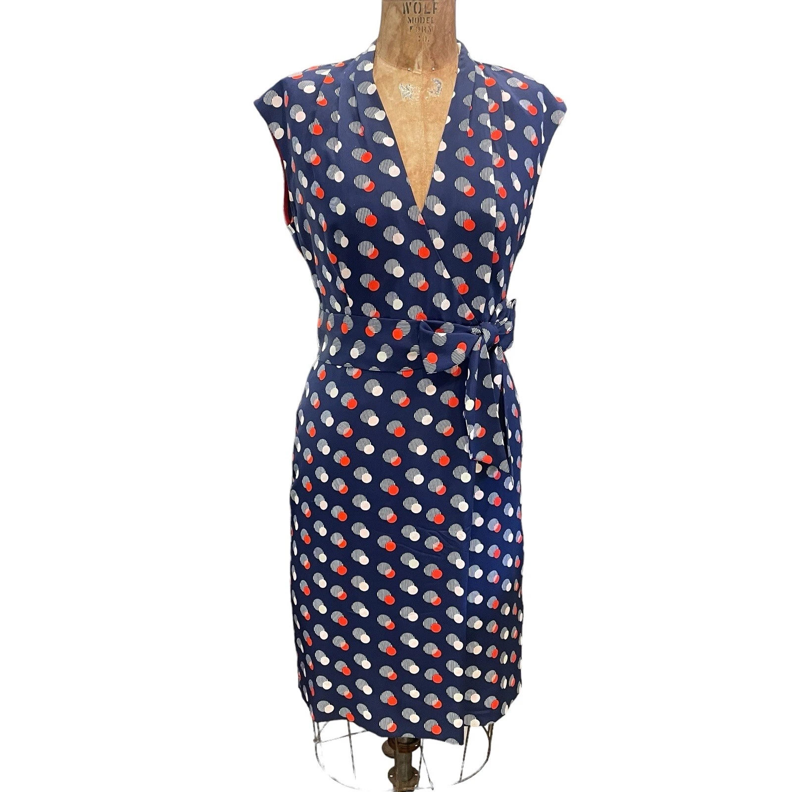 Abito blu seta Kate Spade New York con pois rossi e bianchi con fiocco taglia 2