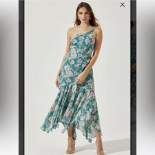 ASTR The LABEL "Emmy Lou" Purple/White/Green One Shoulder Floral Midi Dress, M