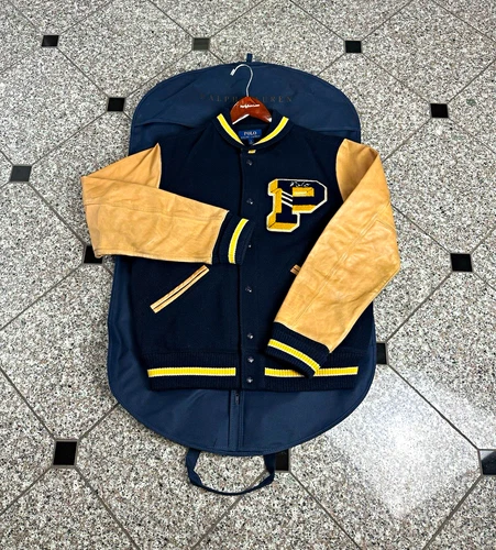 Polo Ralph Lauren Varsity Jacket Navy Wool Body Tan Cow Hide Leather Sleeves - product listing photo