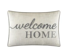 Welcome Home Faux Linen Embroidered Decorative Pillow For Adults, Gray, 14 x 20
