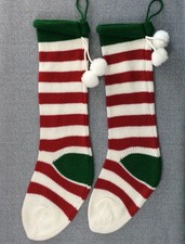 Set of 2 20" Red white green Christmas Stockings Holiday Red Green Pom-Poms