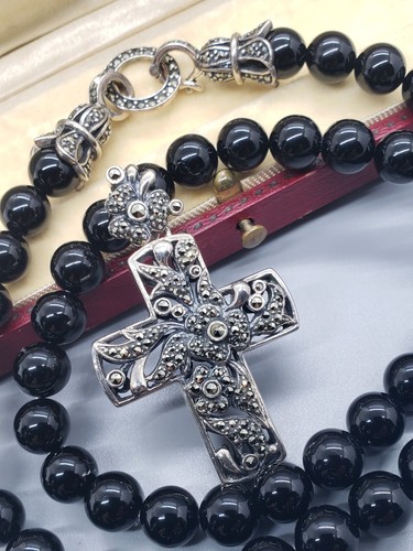 Vintage 925 Sterling Silver Beaded Onyx Marcasite Cross Necklace