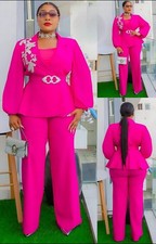 Pink Embroidered Belted Women's 2-Piece Outfit Set Jacket  Straight-Leg Pants