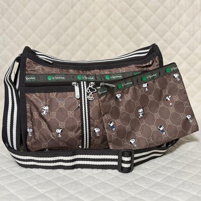LeSportsac Deluxe Everyday Bag & Pouch Set Snoopy Lemonogram Patch PEANUTS 70th