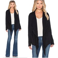 Nation LTD Cardigan Sweater Womens Small Made in USA Black Fringe Open Front *