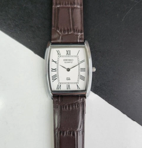 Vintage Seiko Slim Tank Quartz Men White Dial Dress Watch-Free Shipping