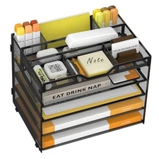 5 Tier Paper Letter Tray with 3 Drop-in Pen Holders, Mesh Desk File Black