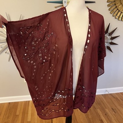 Beautiful Stories OS Anthropologie Kimono Burgundy Embroidered Boho Lagenlook