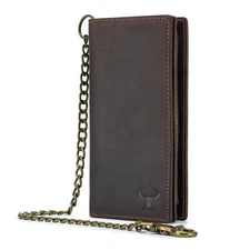 Men Long Wallet with Chain Genuine Leather Biker Trucker Bifold Clutch Handbag