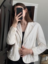 Style Land Women  s Ivory Textured Cotton Blazer Jacket Size 10 Lined 2 Button