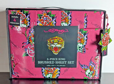 Ed Hardy 6 pc King Sheet Set Skulls Roses Tattoo Print w/4 Pillowcases