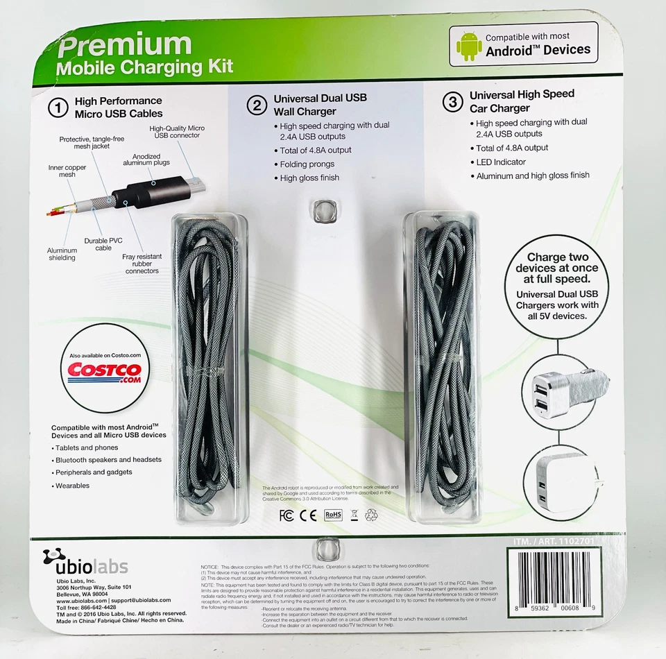 Ubio Labs 2-Pack 6ft Micro USB Cable & Wall/Car Charger For Samsung, Nokia, Moto - Image 2 of 2