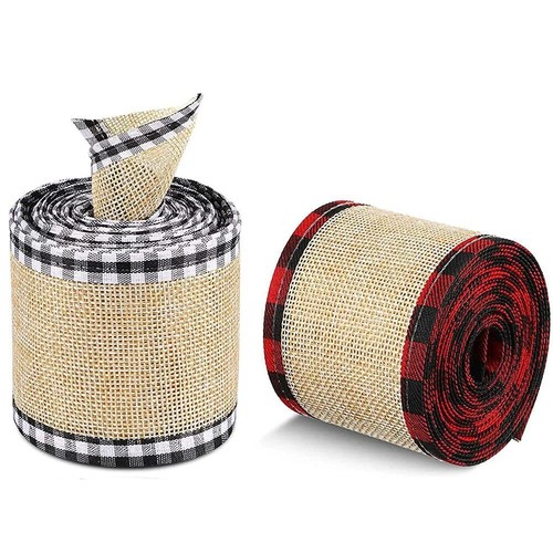 3 Rolls Buffalo Plaid Wired Edge Ribbons Christmas Burlap Fabric Craft Ribbon... - Picture 4 of 8