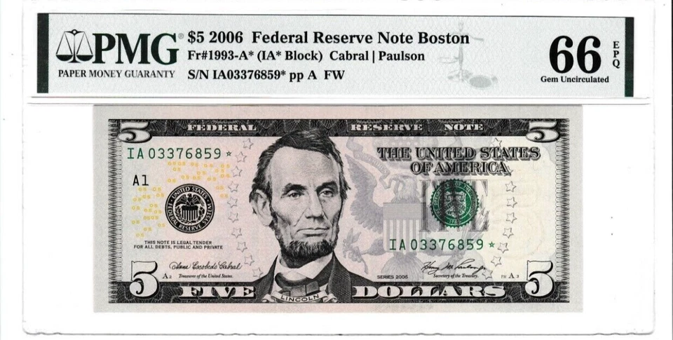2006  $5  Federal Reserve STAR Note ⭐ Serial Numbers IA 03376859 ⭐ BOSTON PMG 66 - Image 2 of 3