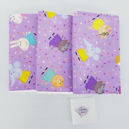 Baby Burp Cloths 3 Pack Purple Peppa Pig Print Towelling Backed Handmade - Zdjęcie 1 z 11