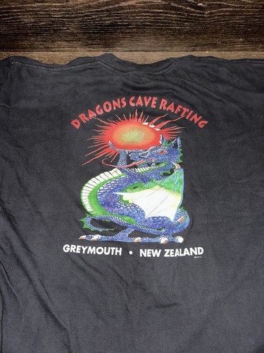 VTG New Zealand T Shirt Adult 2XL XXL Black Dragons Cave Rafting Double THRASHED - Picture 3 of 8