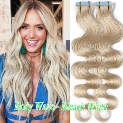 THICK 10-80pcs Tape In Human Hair Extensions Remy Skin Weft Body Wavy Highlights