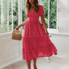 Womens Floral Boho Midi Dress Ladies Summer Holiday  Kaftan Sundress  Red L