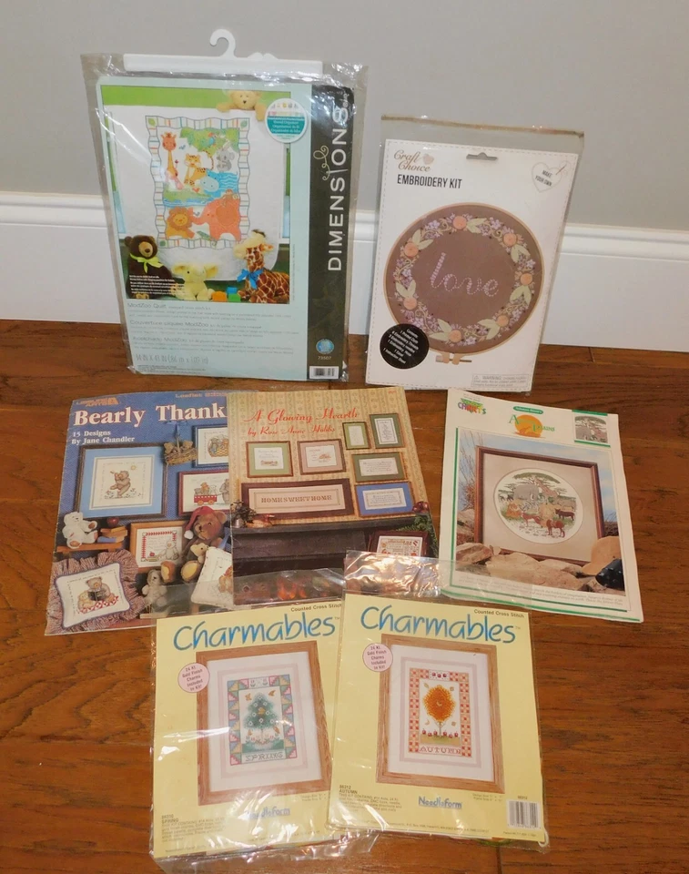 Kits de punto de cruz LOTE 7 folletos patrones tela hilo dental + emb. Dimensiones++ ¡En muy buen estado! Foto 2 de 4