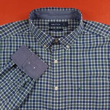 Nautica Men's Large Stretch Button-Down Long Sleeve Shirt Green Blue Plaid