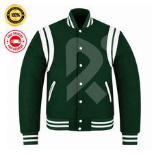 Chaqueta de hombre verde blanca Varsity Letterman chaqueta de béisbol bombardero botón a presión